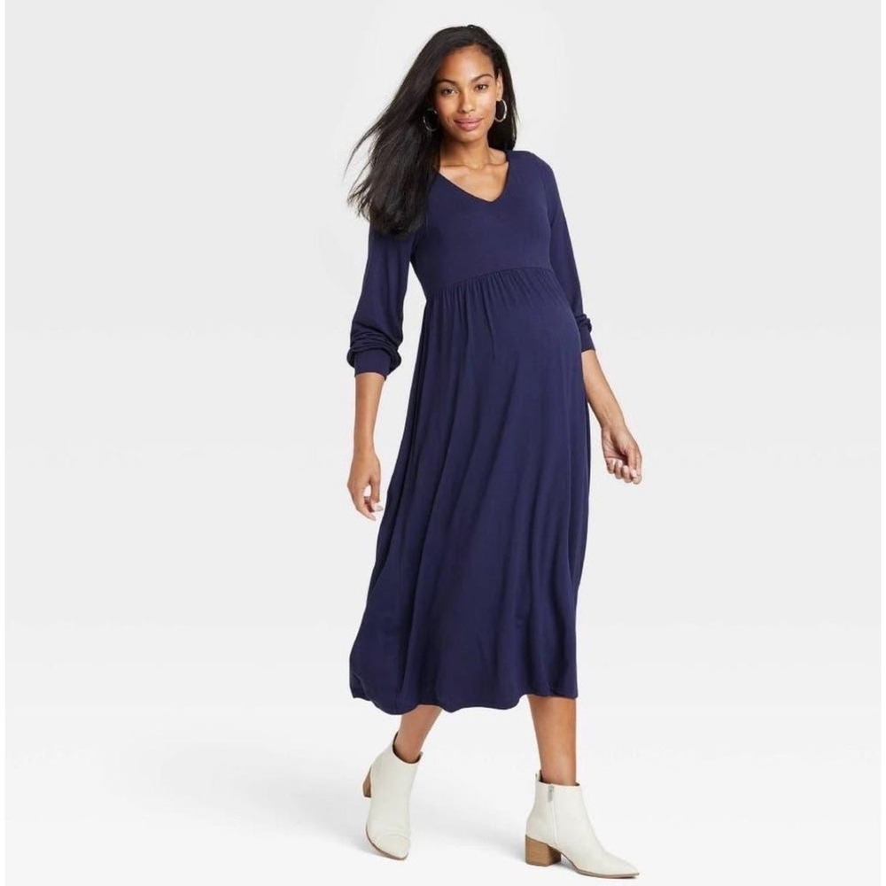 The Nines by Hatch Maternity V-Neck Midi Dress S Navy Blue Long Sleeve Pullover